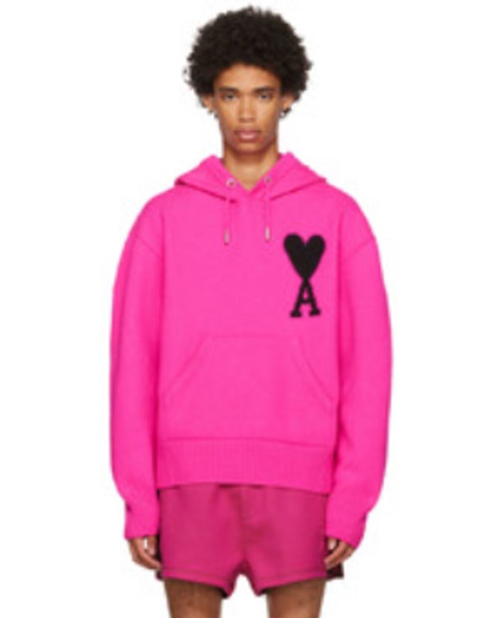 AMI Paris Pink Logo Black Intarsia Knit Cotton Wool Hoodie Pullover Sweatshirt